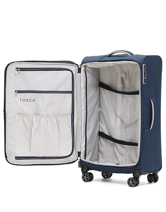 Tosca 81cm Navy Vega Collection Luxury softside checked trolley luggage TCA720A - Image 3